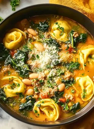 Bowl of homemade ground turkey tortellini soup with fresh herbs