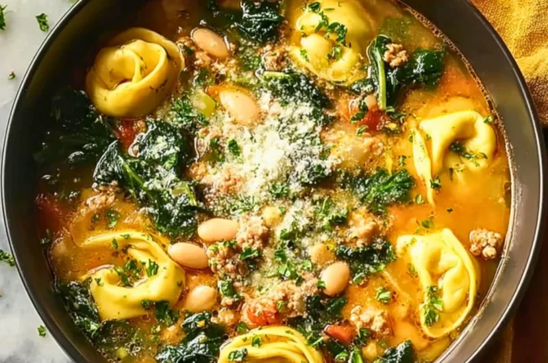 Bowl of homemade ground turkey tortellini soup with fresh herbs