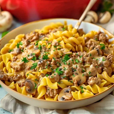 Delicious homemade one-pot beef stroganoff pasta served in a bowl