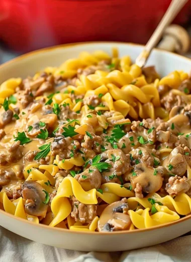 Delicious homemade one-pot beef stroganoff pasta served in a bowl