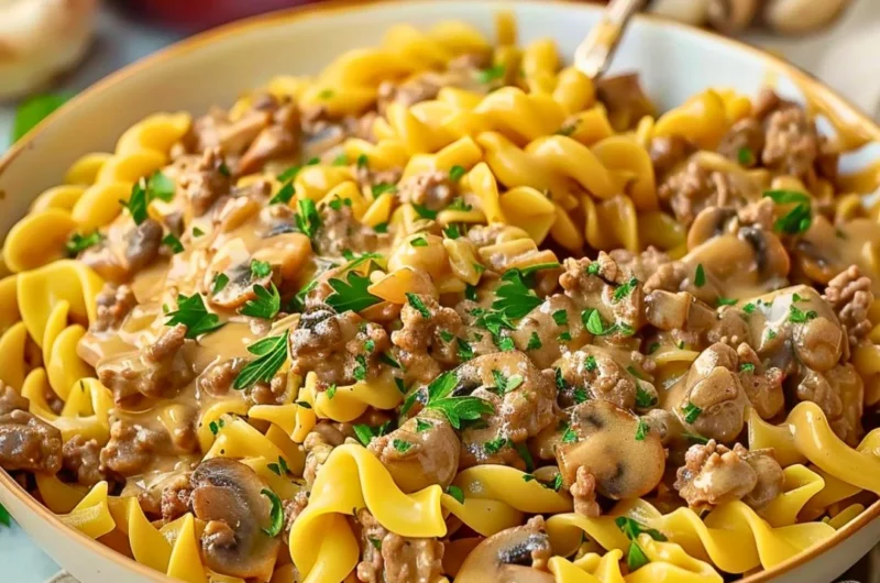 Delicious homemade one-pot beef stroganoff pasta served in a bowl