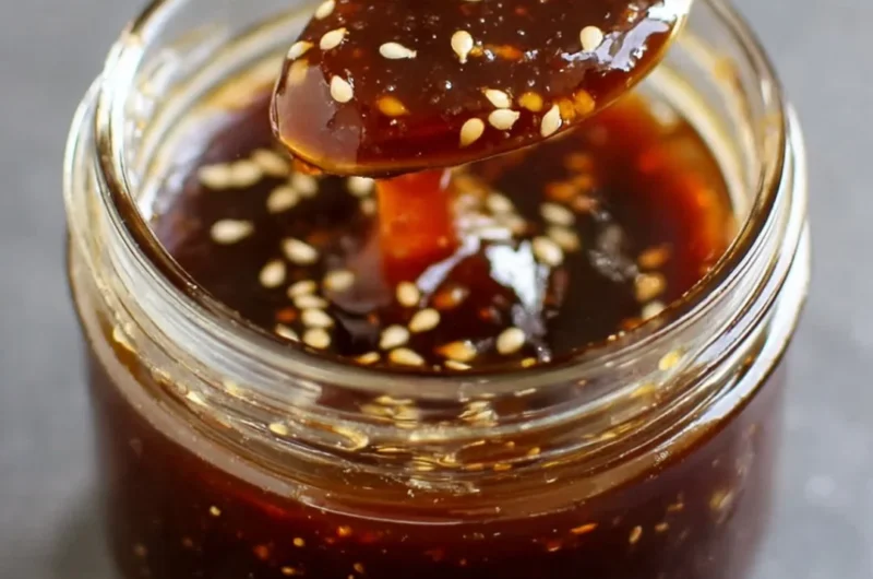 Dish of homemade teriyaki sauce in a bowl with ingredients.