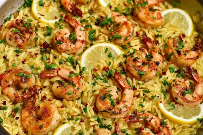 Delicious Lemon Garlic Shrimp Orzo served in a bowl with fresh herbs