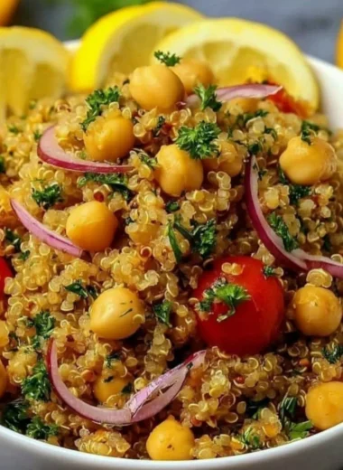 Lemon Herb Quinoa with Chickpeas garnished with fresh herbs