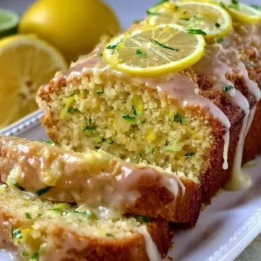 Deliciously baked Lemon Zucchini Cake with a slice on a plate.