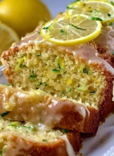 Deliciously baked Lemon Zucchini Cake with a slice on a plate.