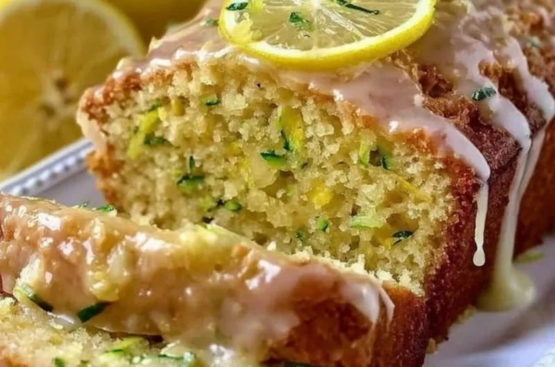 Deliciously baked Lemon Zucchini Cake with a slice on a plate.