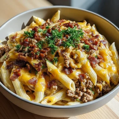 Loaded Bacon Cheeseburger Pasta with cheese and crispy bacon