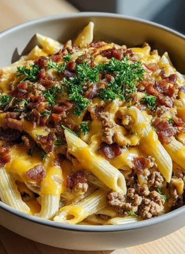 Loaded Bacon Cheeseburger Pasta with cheese and crispy bacon