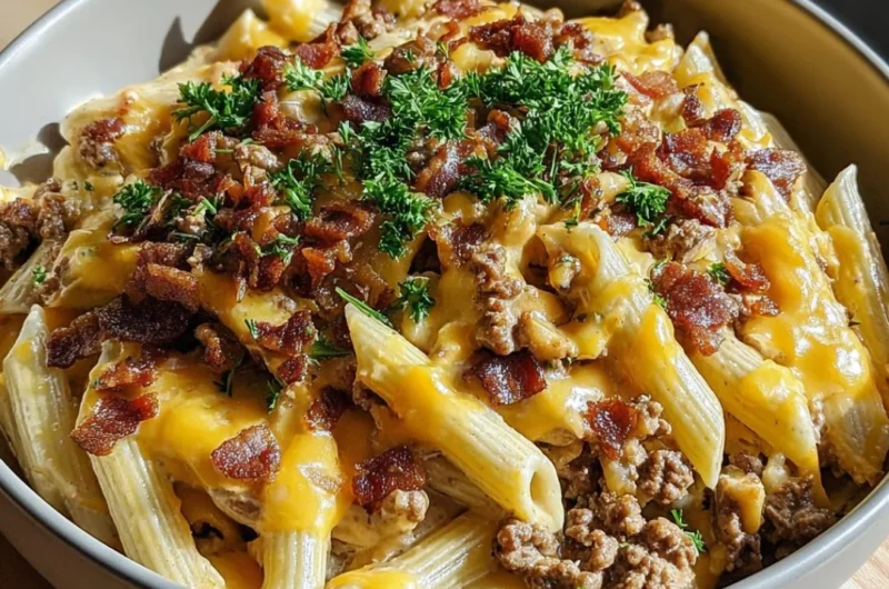 Loaded Bacon Cheeseburger Pasta with cheese and crispy bacon