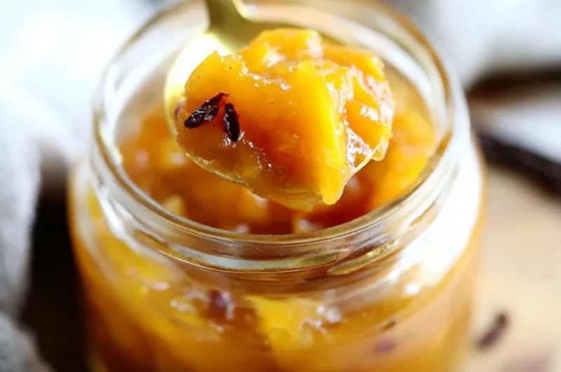 Homemade Mango Chutney in a jar with spices and fresh mangoes.
