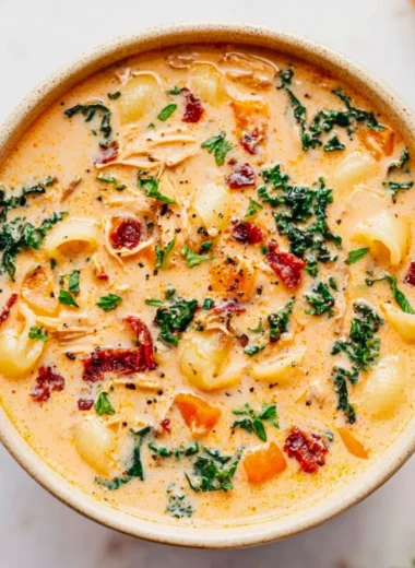 Delicious bowl of Marry Me Chicken Soup with fresh herbs and vegetables.