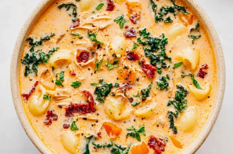 Delicious bowl of Marry Me Chicken Soup with fresh herbs and vegetables.