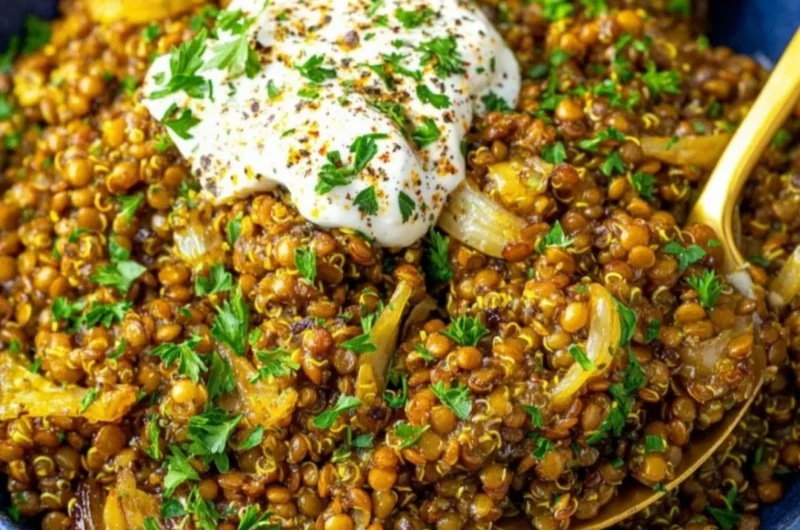 Mediterranean lentils and quinoa skillet topped with caramelized onions.