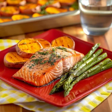 Sheet Pan Salmon with asparagus and sweet potatoes on a serving dish