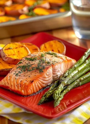 Sheet Pan Salmon with asparagus and sweet potatoes on a serving dish