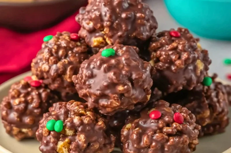 No bake chocolate rice krispie balls on a plate