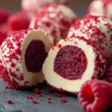 Delicious no-bake raspberry cheesecake truffles on a platter