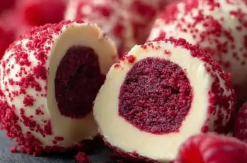 Delicious no-bake raspberry cheesecake truffles on a platter