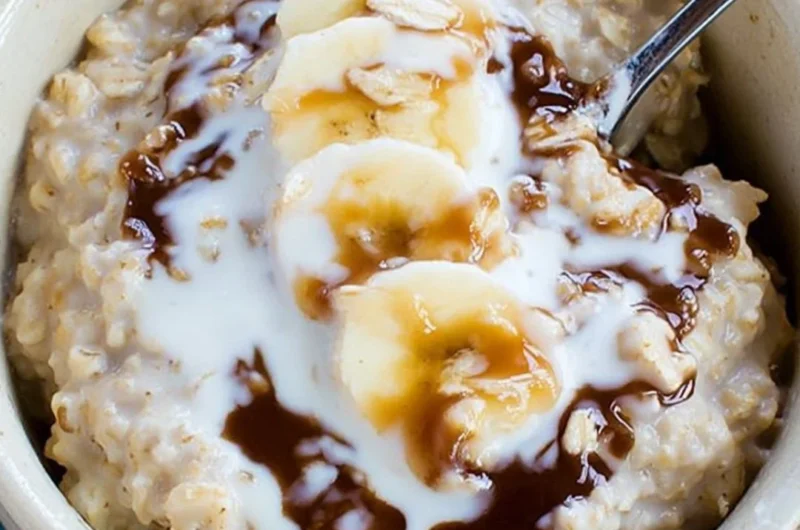 A nutritious oatmeal smoothie with fruits and toppings in a glass