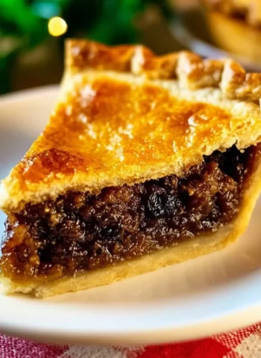 Delicious old-time mincemeat pie with spices and fruit filling, served on a plate