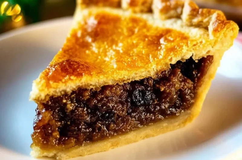 Delicious old-time mincemeat pie with spices and fruit filling, served on a plate
