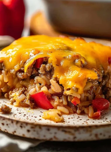 One-Pan Stuffed Bell Pepper Casserole topped with cheese and herbs