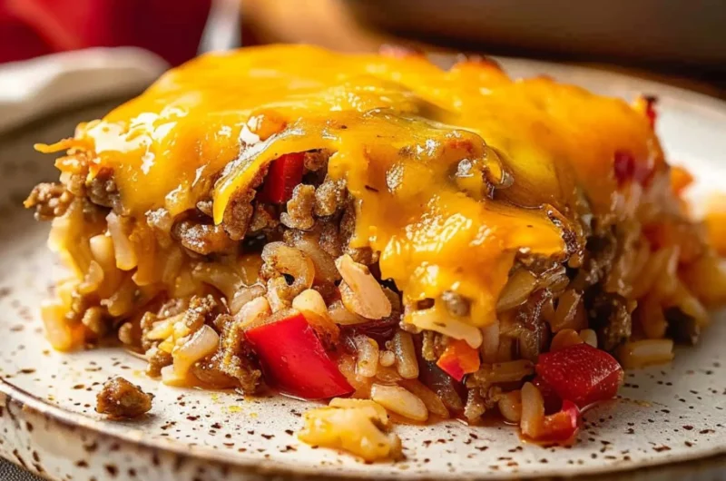 One-Pan Stuffed Bell Pepper Casserole topped with cheese and herbs