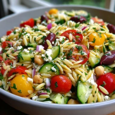 Colorful orzo pasta salad with fresh vegetables and herbs