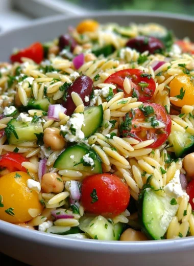 Colorful orzo pasta salad with fresh vegetables and herbs
