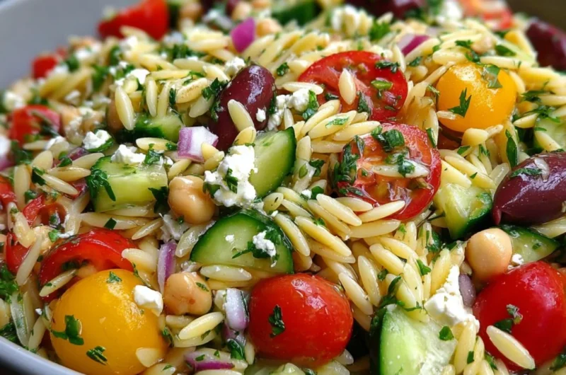 Colorful orzo pasta salad with fresh vegetables and herbs