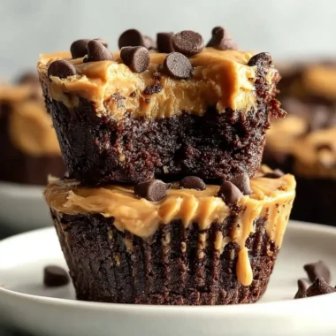 Peanut butter brownie cups displayed on a wooden table
