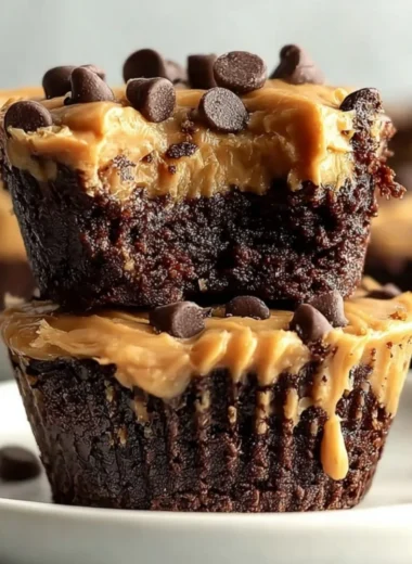 Peanut butter brownie cups displayed on a wooden table