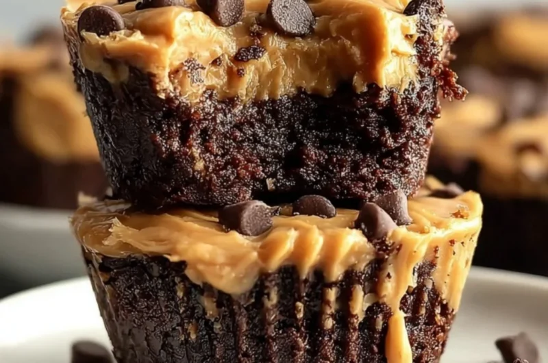 Peanut butter brownie cups displayed on a wooden table