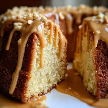Slice of Peanut Butter Cream Pound Cake with creamy peanut butter frosting