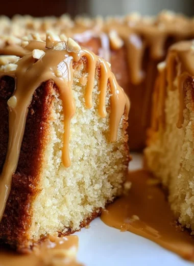 Slice of Peanut Butter Cream Pound Cake with creamy peanut butter frosting