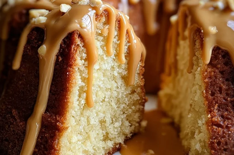 Slice of Peanut Butter Cream Pound Cake with creamy peanut butter frosting
