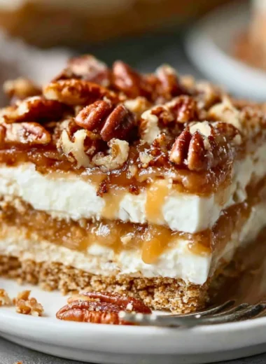 Pecan pie lasagna with layers of creamy filling and crunchy pecans