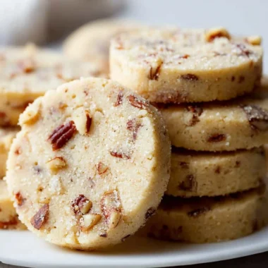 A plate of freshly baked Pecan Sandies cookies with nuts on top.