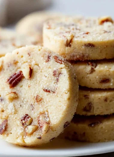A plate of freshly baked Pecan Sandies cookies with nuts on top.