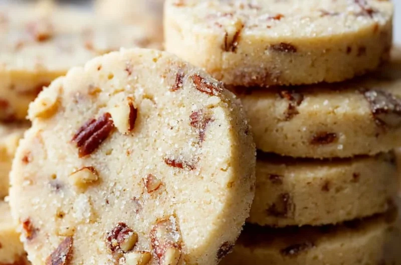 A plate of freshly baked Pecan Sandies cookies with nuts on top.