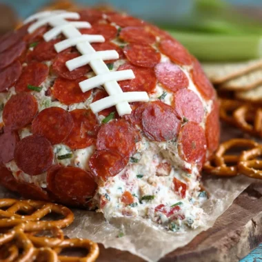Pepperoni pizza football cheese ball served at a party