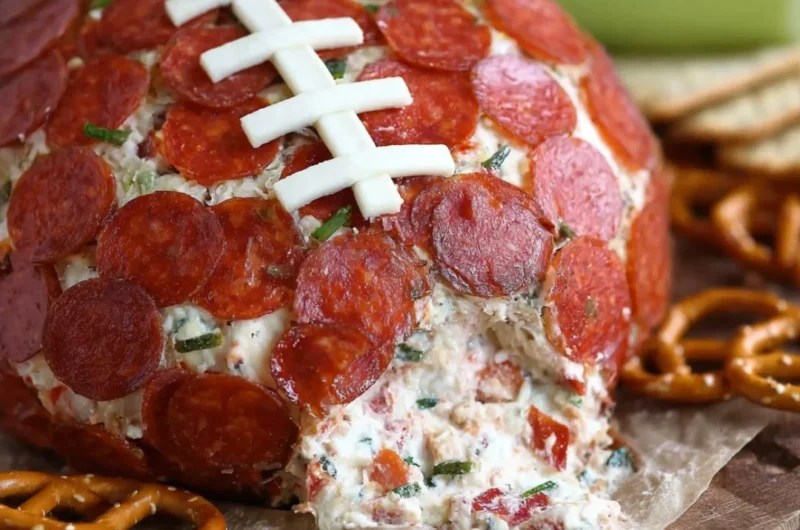 Pepperoni pizza football cheese ball served at a party