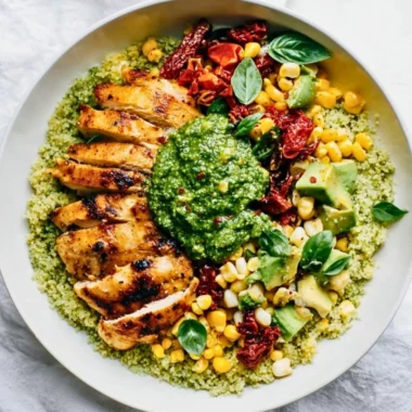 Delicious pesto chicken served on a plate with vegetables