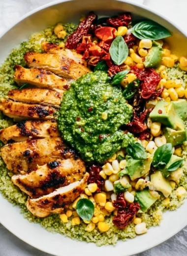Delicious pesto chicken served on a plate with vegetables