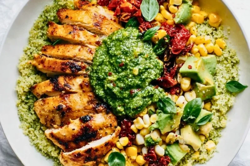 Delicious pesto chicken served on a plate with vegetables