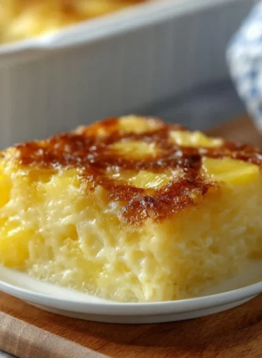 A delicious pineapple bake served on a plate, showcasing its golden crust and tropical flavor.