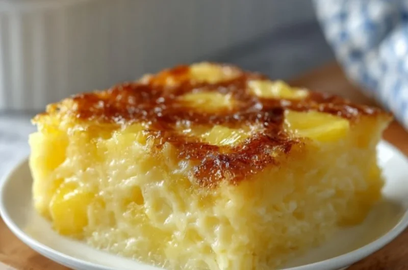 A delicious pineapple bake served on a plate, showcasing its golden crust and tropical flavor.