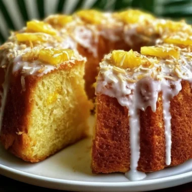 Slice of Pineapple Coconut Pound Cake with tropical fruits on a plate
