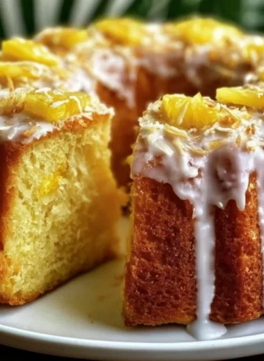 Slice of Pineapple Coconut Pound Cake with tropical fruits on a plate
